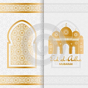 Eid Al Adha Background. Mosque and Islamic Arabic window. Greeting card