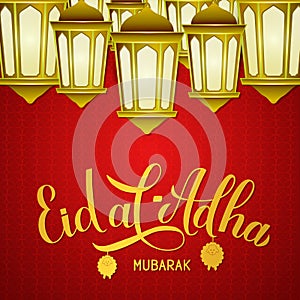 Eid al-Adha calligraphy lettering and lanterns on red Arabic pattern background. Kurban Bayrami typography poster. Islamic