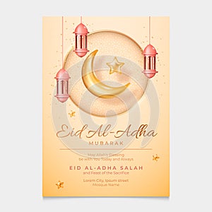 Eid al Adha cards design in 3d modern vector style. Eid Mubarak Islamic holiday banner with Ramadan lantern and moon