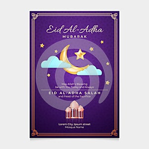 Eid al Adha cards design in 3d modern vector style. Eid Mubarak Islamic holiday banner with Ramadan lantern and moon