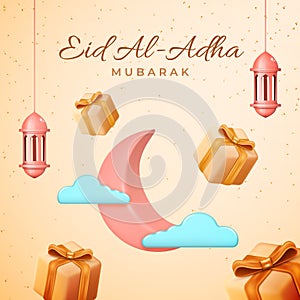 Eid al Adha cards design in 3d modern vector style. Eid Mubarak Islamic holiday banner with Ramadan lantern and moon