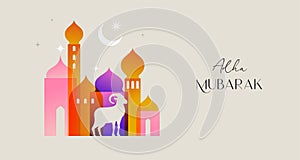 Eid Al Adha design. Celebration of Muslim holiday the sacrifice. Colorful background with Islamic Mosque and animals