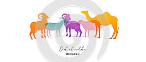 Eid Al Adha design. Celebration of Muslim holiday the sacrifice. Colorful background with Islamic Mosque and animals