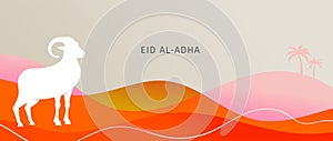 Eid Al Adha design. Celebration of Muslim holiday the sacrifice. Colorful background with Islamic Mosque and animals