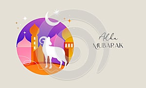 Eid Al Adha design. Celebration of Muslim holiday the sacrifice. Colorful background with Islamic Mosque and animals