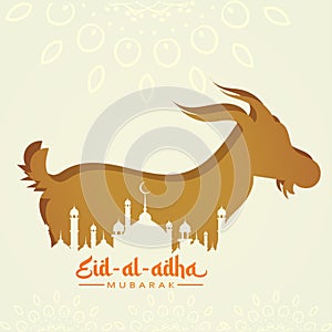 Eid al adha, Eid qurban greeting poster with goat and mosque, illustration vector