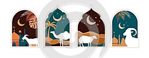 Eid Al Adha festival. Greeting card with sacrificial sheep and crescent on cloudy night background. Eid Mubarak theme photo