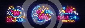 Eid-Al-Adha festive card collection design template in modern trend style. Neon style, Islamic and Arabic background for