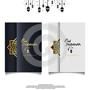 Eid al Adha or Fitr Mubarak islamic greeting card, cover, flyer design. abstract mandala with pattern ornament and hanging lantern