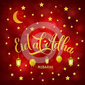 Eid al-Adha golden lettering lanterns on red background. Kurban Bayrami Muslim holiday typography poster. Islamic traditional