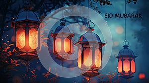 Eid al Adha greeting card decor with hanging lanterns in the forest, Eid Mubarak, Eid ul Fitr, generative ai