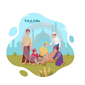 Eid al-Adha greeting card with Muslim people slaughtering a cow