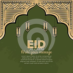 Eid al-adha Greeting Cards with Hand drawn lantern in Green Grunge Background