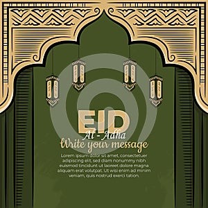 Eid al-adha Greeting Cards with Hand drawn lantern in Green Grunge Background