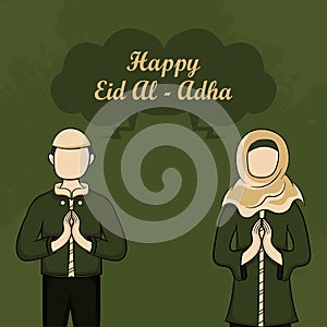 Eid al-adha Greeting Cards with Hand-drawn Muslim People on Green Grunge Background