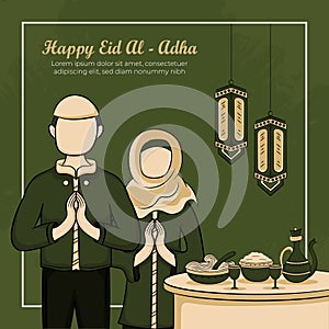 Eid al-adha Greeting Cards with Hand drawn of Muslim People and  Islamic Food in Green Grunge Background