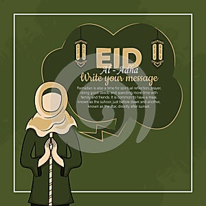 Eid al-Adha Greeting Cards with Hand drawn muslim people and lantern in Green Grunge Background