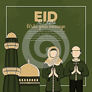 Eid al-Adha Greeting Cards with Hand drawn muslim people and mosque in Green Grunge Background