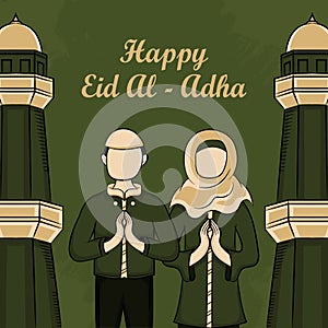 Eid al-Adha Greeting Cards with Hand drawn muslim people and mosque in Green Grunge Background