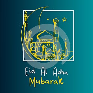 Eid al Adha greeting design with one continuous line art drawing of moslem prayer feeling grateful. photo