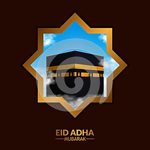 Eid Al Adha islamic festival event. Hajj Mabrour. 3D kaaba on the cloud with blue sky background with star golden frame window