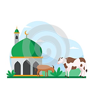Eid Al Adha islamic holiday the sacrifice of livestock animal poster background design. Cow and goat at mosque courtyard for