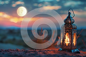 Eid al-Adha lantern casting a warm glow on a desert landscape under a full moon, evoking a peaceful evening