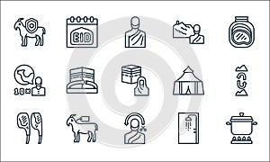 eid al adha line icons. linear set. quality vector line set such as cooking, man, meat, shower, goat, camel, tent, hajj, calendar