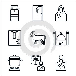 Eid al adha line icons. linear set. quality vector line set such as man, hajj, cooking, mosque, goat, clothes, woman, shower