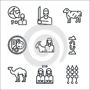 eid al adha line icons. linear set. quality vector line set such as barbecue, pray, camel, mountain, goat, oriental food, sheep,