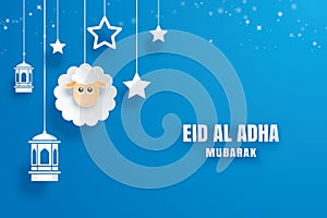 Eid Al Adha Mubarak celebration card with paper art sheep hanging on blue background. Use for banner, poster, flyer, brochure sal