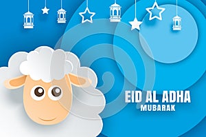 Eid Al Adha Mubarak celebration card with sheep in paper art blu