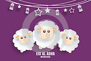 Eid Al Adha Mubarak celebration card with sheep in paper art purple background. Use for banner, poster, flyer, brochure sale temp