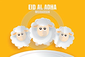 Eid Al Adha Mubarak celebration card with sheep in paper art yellow background. Use for banner, poster, flyer, brochure sale temp