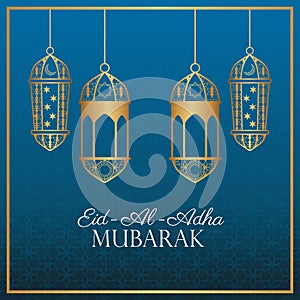 Eid Al Adha Mubarak celebration with golden lanterns hanging