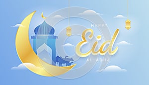 Eid al adha mubarak the celebration of muslim community festival background, banner, greeting design with gradient blue and gold