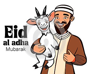 Eid Al Adha Mubarak Concept with Illustration of Cheerful Muslim Man Holding goat