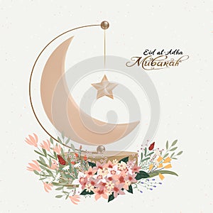 Eid al Adha Mubarak greeting design with Crescent Moon and Star hanging on 3D stand and bouquet flower on beige background,Vector