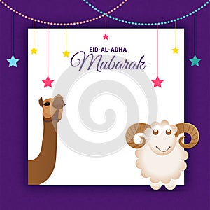 Eid-Al-Adha Mubarak, Islamic festival of sacrifice with illustration of happy sheep, and camel and space for your wishes.
