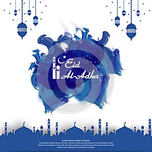 Eid al Adha Mubarak islamic greeting card design. abstract blue watercolor design with dome mosque ornament and hanging lantern el