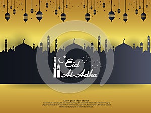 Eid al Adha Mubarak islamic greeting card design with dome mosque and hanging lantern element in paper cut style. background Vecto photo