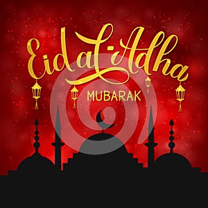 Eid al-Adha Mubarak lettering and silhouette of mosque on red background. Kurban Bayrami typography poster. Islamic traditional