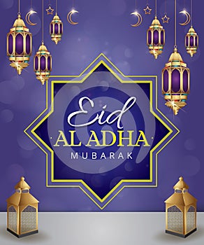eid al adha mubarak template banner with beautiful ornament and abstract gradient blue background design