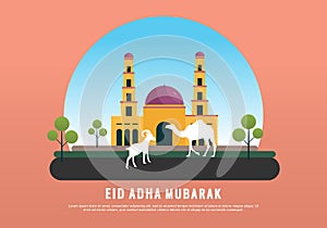 Eid Al Adha mubark. beautiful islamic and arabic background of calligraphy for Muslim Community festival with big mosque goat and