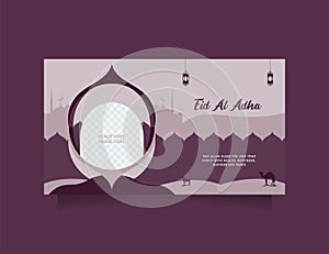 Eid al adha social media post and banner template with modern purple color. Greeting and promotion design islamic background with