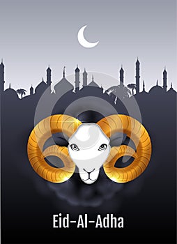 Eid al Adha text greeting card. Gold ram head of sheep. Feast of Sacrifice