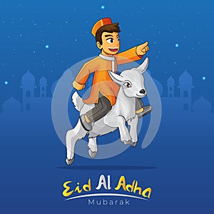 Eid al adha vector greeting card with jumping goat with muslim boy