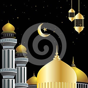 Eid Al Fitor Background. Islamic Arabic lanterns. Translation Eid Al Fitor. Greeting card. Vector illustration