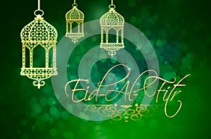 Eid-Al-Fitr background with golden lanterns on green