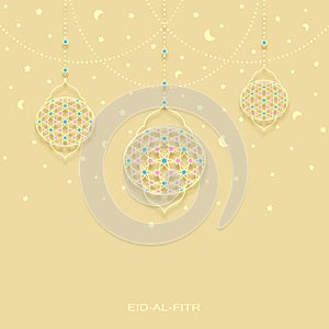 Eid-al-fitr background with stars moons and decorated lamps